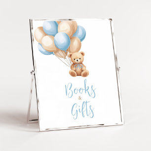 Póster Boho Blue Balloon Bear con libros y regalos de Bab