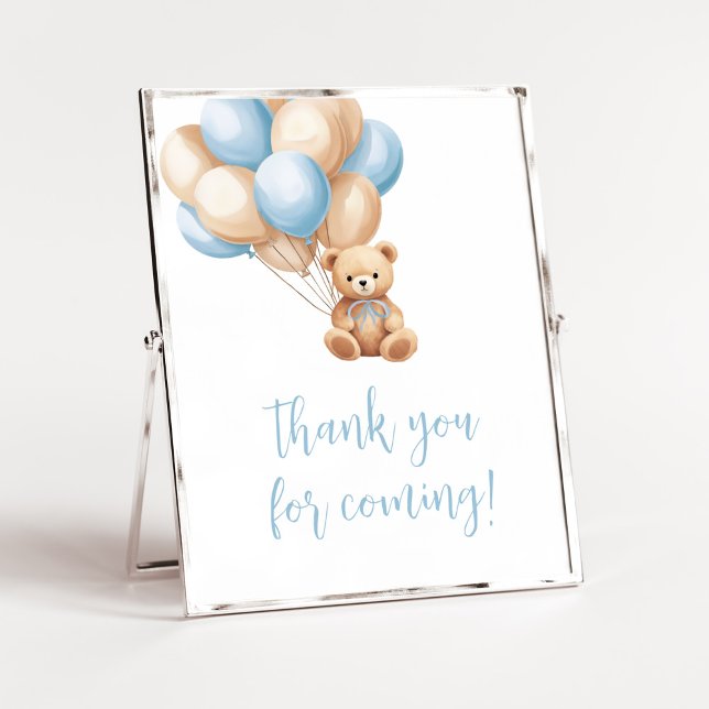 Póster Boho Blue Balloon Bear Gracias por venir (We Can Bearly Wait Boy Baby Shower Thank you for Coming Sign)