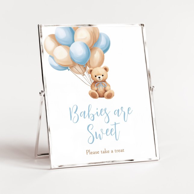 Póster Boho Blue Balloon Bear Los bebés son dulces (We Can Bearly Wait Boy Baby Shower Babies are Sweet Sign)