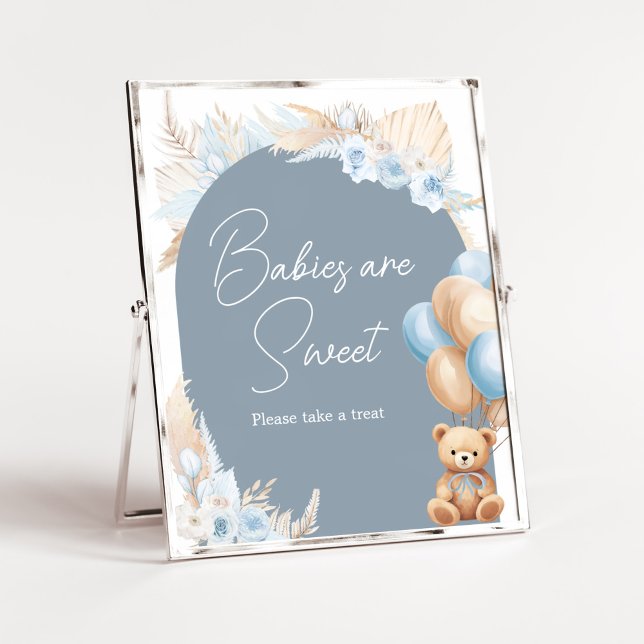 Póster Boho Blue Bear Balloon Babies is Sweet (Sage Blue Balloons Baby Shower Babies are Sweet Sign)