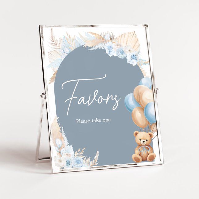 Póster Boho Blue Bear Balloon Baby Shower Favores (Sage Blue Balloons Baby Shower Favors Sign)