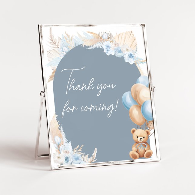 Póster Boho Blue Bear Balloon Gracias por Venir (Sage Blue Balloons Baby Shower Thank you for Coming Sign)