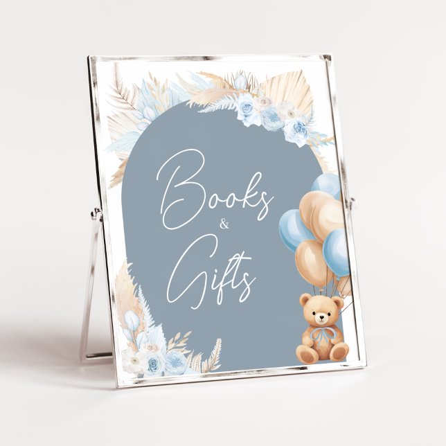 Póster Boho Blue Bear Globos Baby Shower Libros y Regalos (Sage Blue Balloons Baby Shower Books and Gifts Sign)