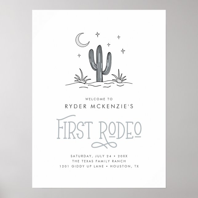 Póster Boho Blue Moderno Primer Rodeo de los Niños Cumple (Frente)