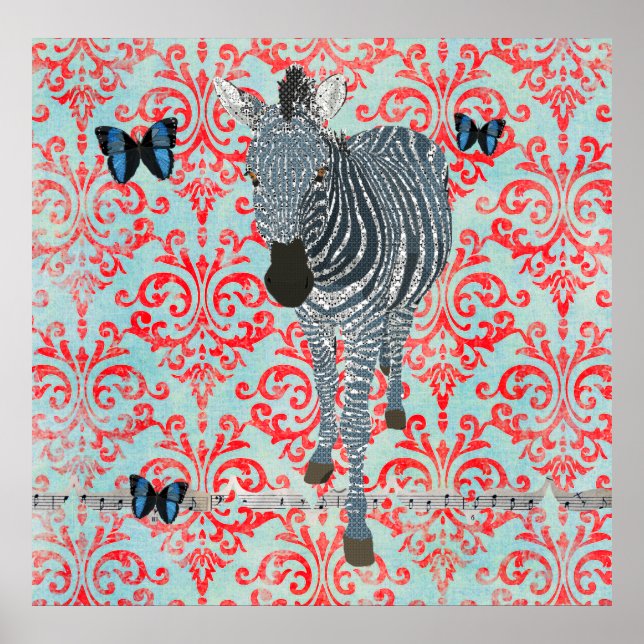Póster Boho Blue Zebra & Butterflies Damask Poster (Frente)