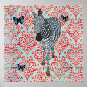 Póster Boho Blue Zebra & Butterflies Damask Poster