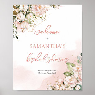 Póster Boho blush pink gold floral bridal shower welcome