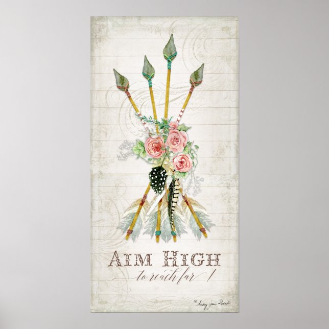 Póster Boho Bohemiaco Apuntar Alto Flechas Plumas Rústico (Frente)