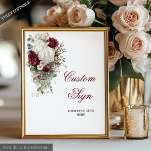 Póster Boho Borgoña Blanco Elegante Rótulo Boda Floral