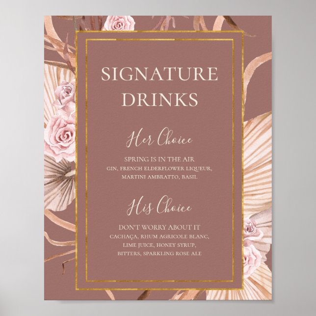 Póster Boho Botánico | Bebidas Destacadas Rosa Polvorient (Frente)