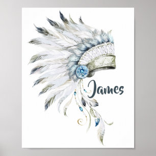 Póster Boho Boy Feather Headdress Nursery Art