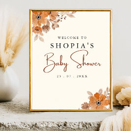 Póster Boho Brown Flowers Baby Shower