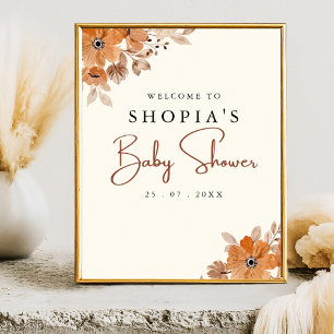 Póster Boho Brown Flowers Baby Shower 