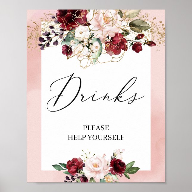 Póster Boho burgundy blush pink floral drinks sign (Frente)