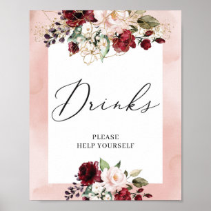 Póster Boho burgundy blush pink floral gold drinks sign