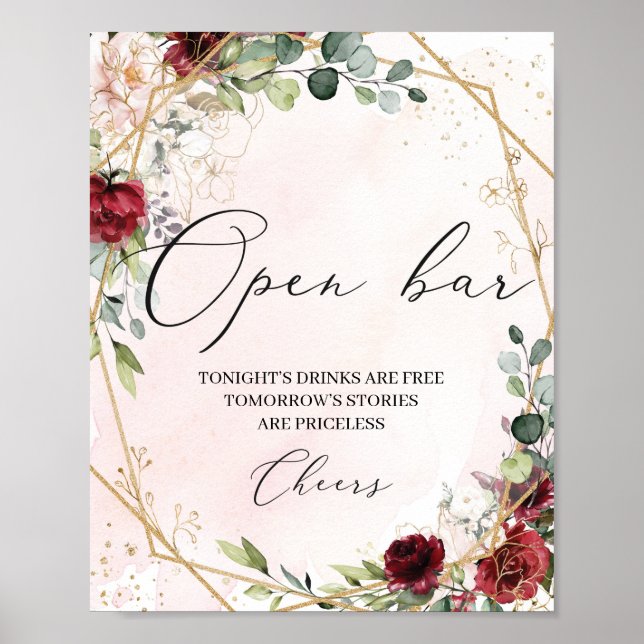 Póster Boho burgundy boda de oro floral signo de bar abie (Frente)