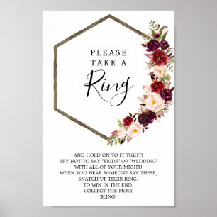 Póster Boho Burgundy Bridal Shower Ring Game