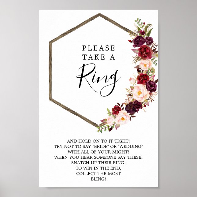 Póster Boho Burgundy Bridal Shower Ring Game (Frente)