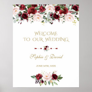 Póster Boho Burgundy Rótulo Boda de bienvenida floral ros