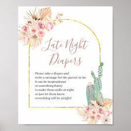 Póster Boho Cactus Flores Rosadas Rótulo de los pañales n