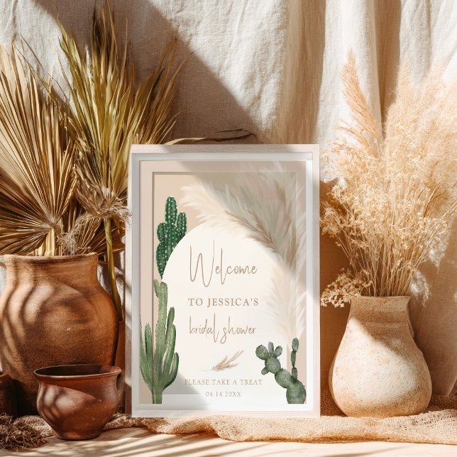Póster Boho cactus pampas arco bienvenida ducha de novia (Boho cactus pampas arch welcome bridal shower poster)