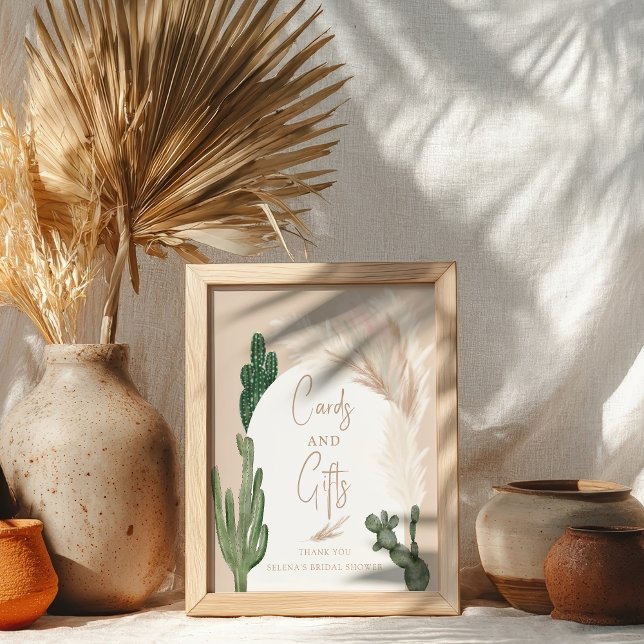 Póster Boho cactus pampas tarjetas regalos ducha de novia (Boho cactus pampas cards gifts bridal shower poster)
