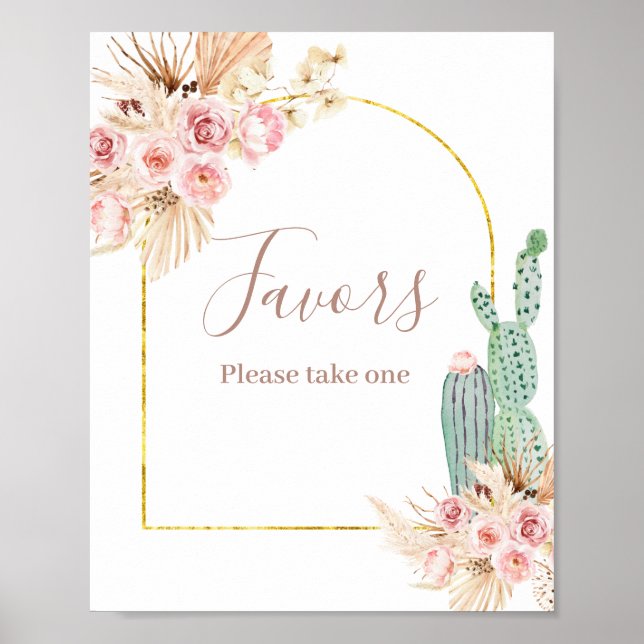 Póster Boho Cactus Pink Flowers Pampas Grass Favor Sign (Frente)
