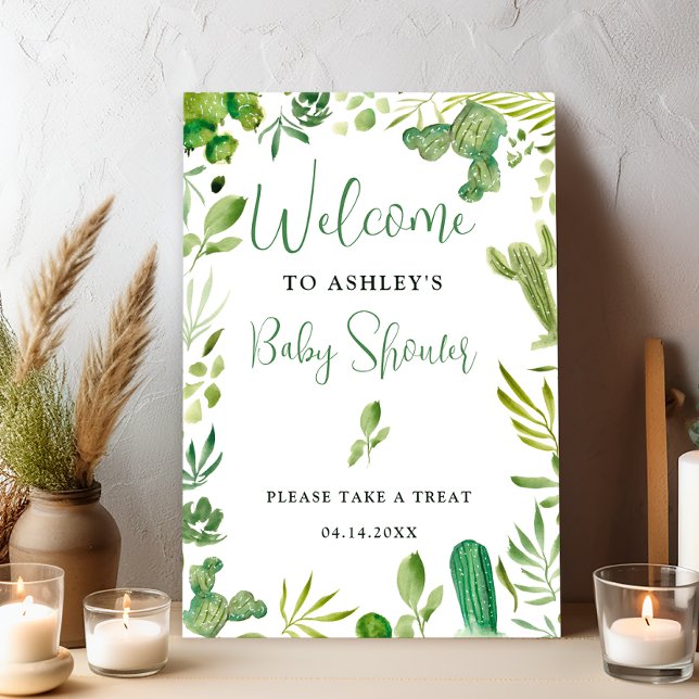 Póster Boho cactus verde ducha de bienvenida neutra de gé (Boho green cactus gender neutral welcome shower poster)