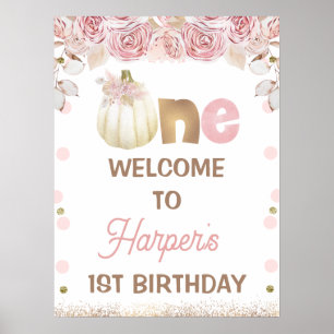Póster Boho Calabaza Floral Rosa Primer Signo de Bienveni