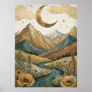 Póster Boho Celestial Creciente Luna Montaña Río