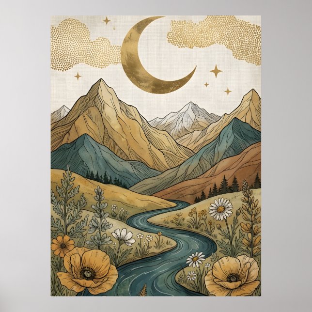 Póster Boho Celestial Creciente Luna Montaña Río (Frente)