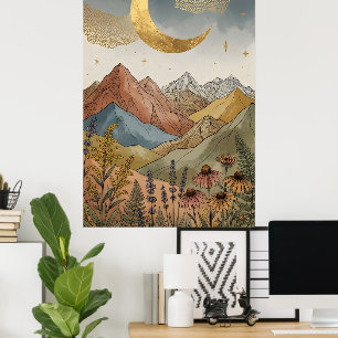 Póster Boho Celestial Dorado Luna Creciente Montaña