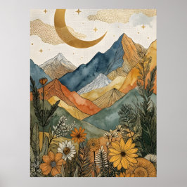 Póster Boho Celestial Dorado Luna Montaña Flor Silvestre