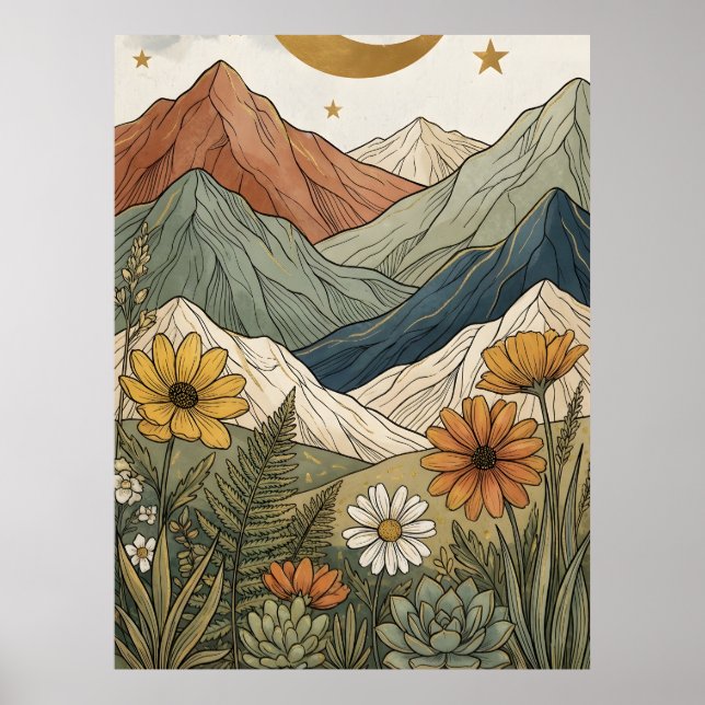 Póster Boho Celestial Estelar Montaña Suculenta (Frente)