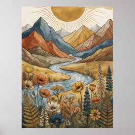 Póster Boho Celestial Explosión Solar Montaña Río Lupino
