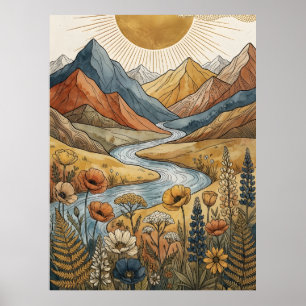 Póster Boho Celestial Explosión Solar Montaña Río Lupino