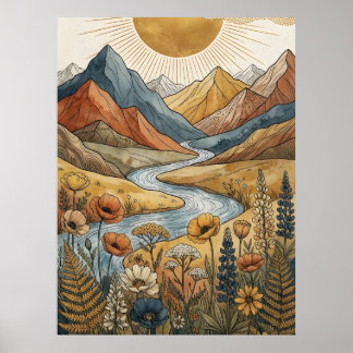 Póster Boho Celestial Explosión Solar Montaña Río Lupino