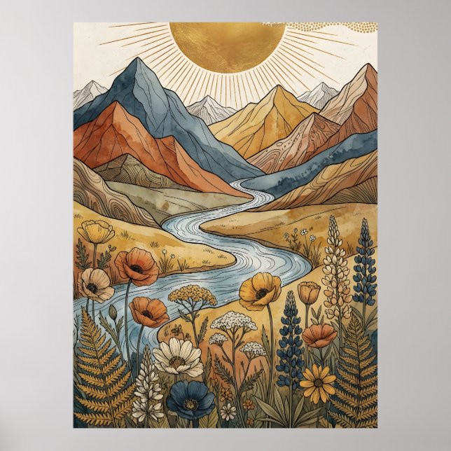 Póster Boho Celestial Explosión Solar Montaña Río Lupino (Frente)