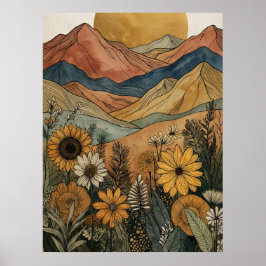Póster Boho Celestial Sol Dorado Montaña Girasol