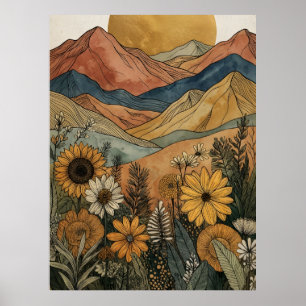 Póster Boho Celestial Sol Dorado Montaña Girasol