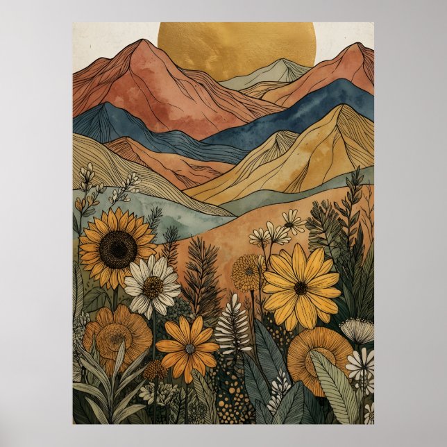 Póster Boho Celestial Sol Dorado Montaña Girasol (Frente)