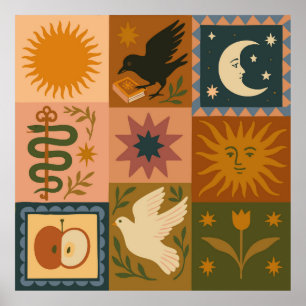 Póster Boho Celestial   Sol y luna retro
