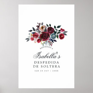 Póster Boho Chic Burgundy y Navy floral Bienvenida