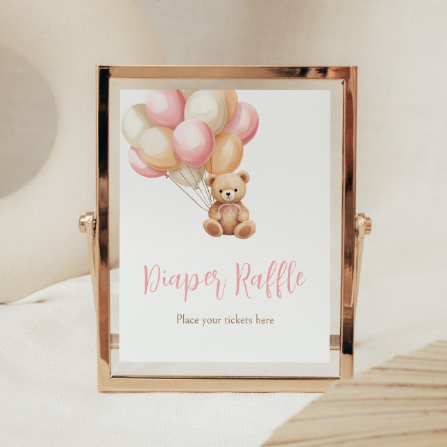 Póster Boho con globo rosa oso Baby Shower Diaper Raffle (We Can Bearly Wait Girl Baby Shower Diaper Raffle Sign)