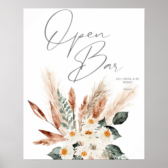 Póster Boho Copper Pampas & Beige Floral Open Bar Rótulo  (Frente)