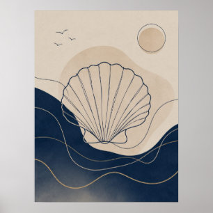 Póster Boho costero con conchas marinas y olas profundas
