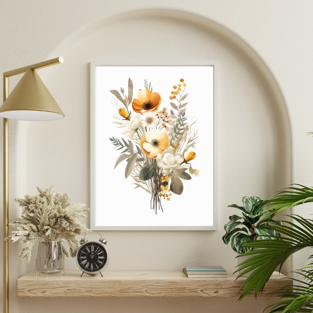 Póster Boho Crema Beige Amarillo Floral Flores Botánico (Boho Cream Beige Yellow Floral Flowers Wall Art Poster)