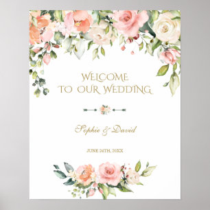 Póster Boho Crema Rosa Flores Bienvenidos Rótulo Boda