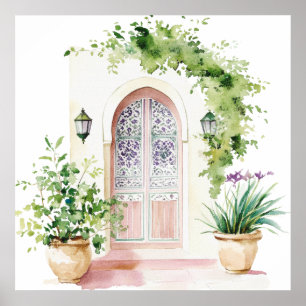 Póster Boho de acuarela de pueblo marroquí