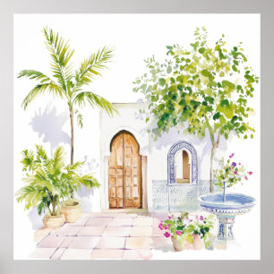 Póster Boho de acuarela de pueblo marroquí